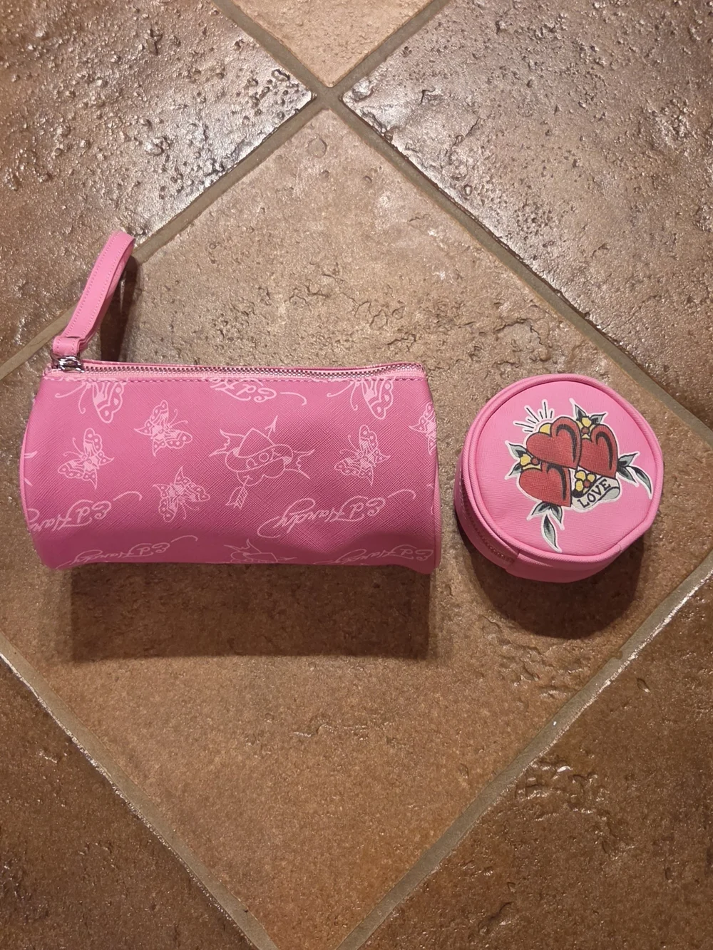 Ed Hardy 3-in-1 Pink Vinyl Barrel Cosmetic Bag Set